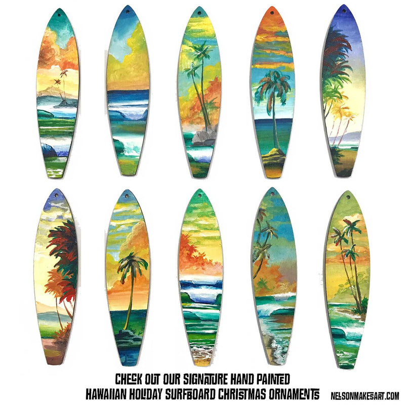 Tropical Christmas ornaments with hand-painted palm trees against distant islands. Perfect surfing Christmas gift.