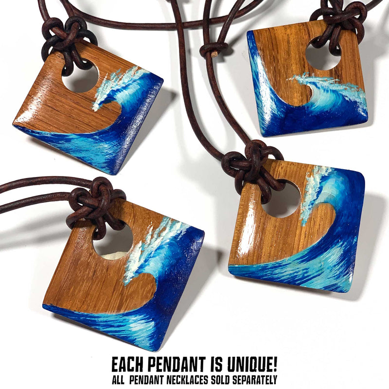 Four wood pendant necklaces with a blue ocean wave hand painted onto the front with leather cord necklaces