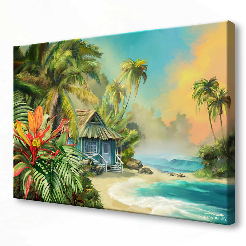 A giclée print on canvas on a white background of a blue surf shack surrounded by lush palm trees on a tropical island.