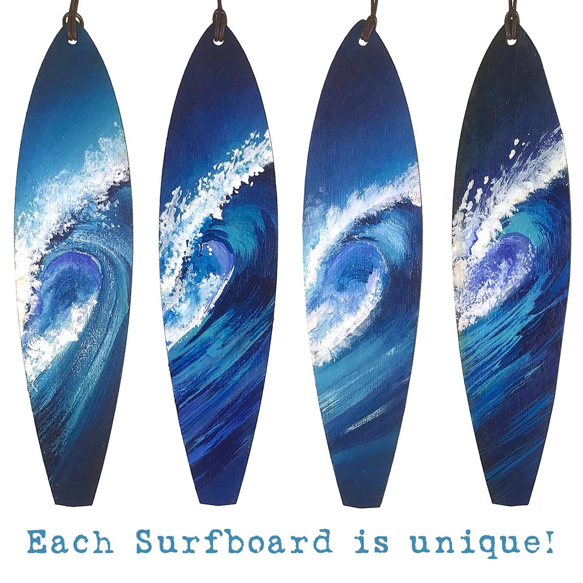 Set of hand-made blue and white wood surfboard christmas ornaments for your beach Christmas tree ideas.