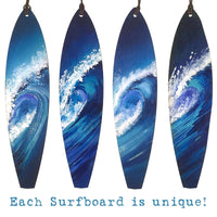 Set of hand-made blue and white wood surfboard christmas ornaments for your beach Christmas tree ideas.