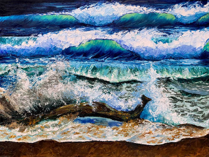 Coastal Wall Art of Drift Wood on Beach with Crashing Blue Waves