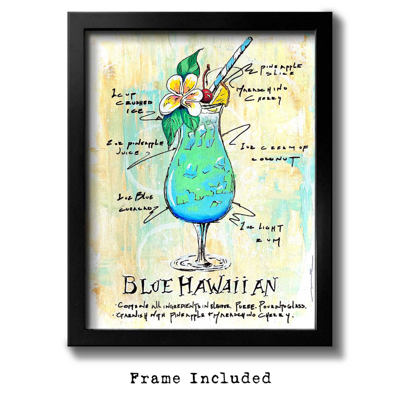 Framed wall art of Blue Hawaiian drink recipe surrounding a colorful painting of the cocktail