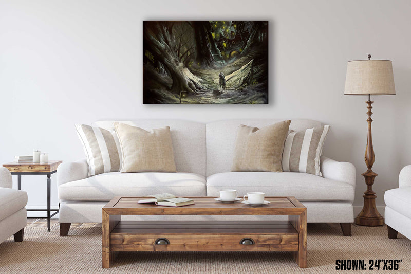Sleepy Hollow wall art hanging over a couch in a living room filled with natural wood