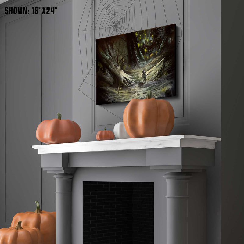 Painting of Sleepy Hollow hanging over a fireplace decorated with pumpkins