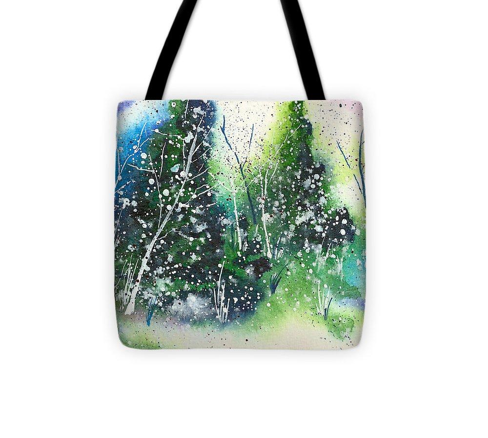 Winter Lights #21 Tote Bag by 5th & Rugged: abstract, hand-painted watercolor holiday art design with vibrant layers of snowy forest groves. Shop now!