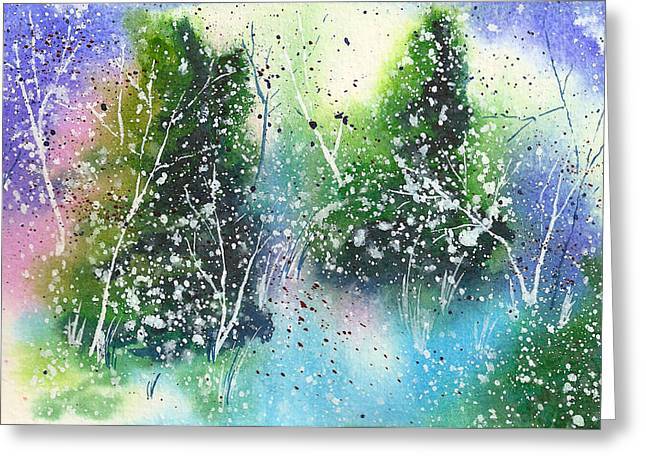 5th & Rugged's Winter Lights #22 Holiday Card featuring an abstract watercolor impression of a glowing snowy forest, perfect for a secular Christmas. Shop now!