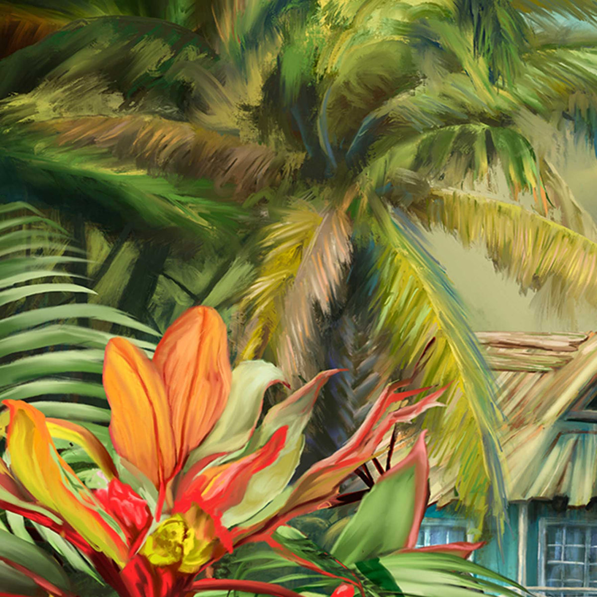 This is a closeup of a piece of tropical artwork, showing detailed brush strokes and texture.