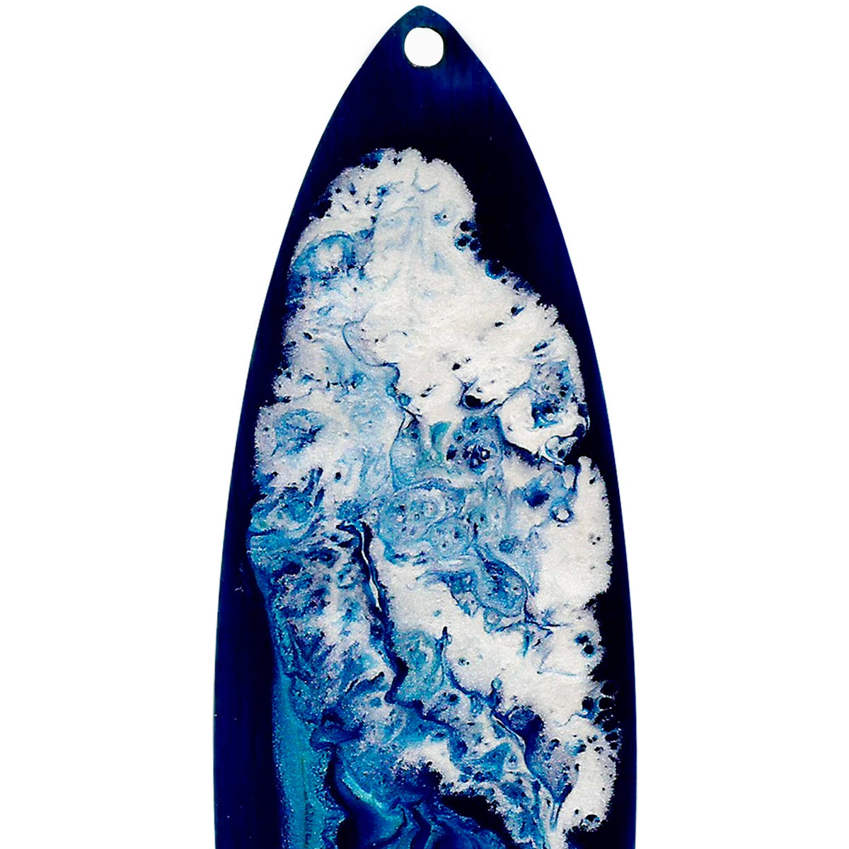 Close view of hand-finished wood surfboard holiday ornament with rolling blue wave. Personalized if requested.