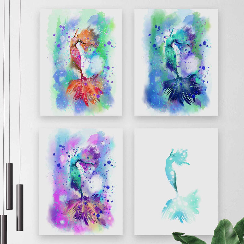 Four printed art canvases of dancing mermaids in aqua, pink, peach, purple and blue, arranged on a white wall