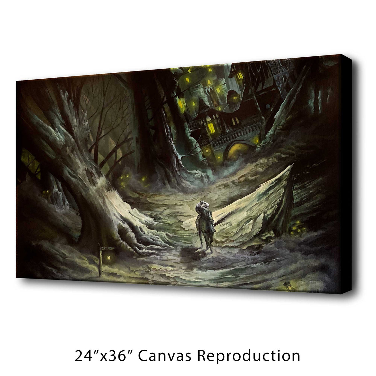 A 24"x36" canvas print of The Headless Horseman riding his horse on a path in a haunted forest on a white background
