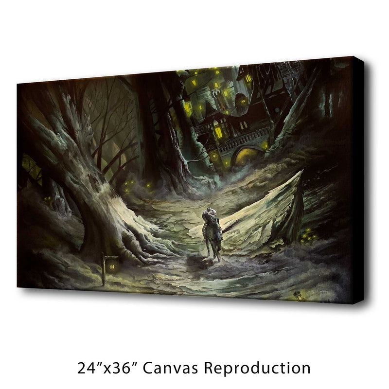 A 24"x36" canvas print of The Headless Horseman riding his horse on a path in a haunted forest on a white background