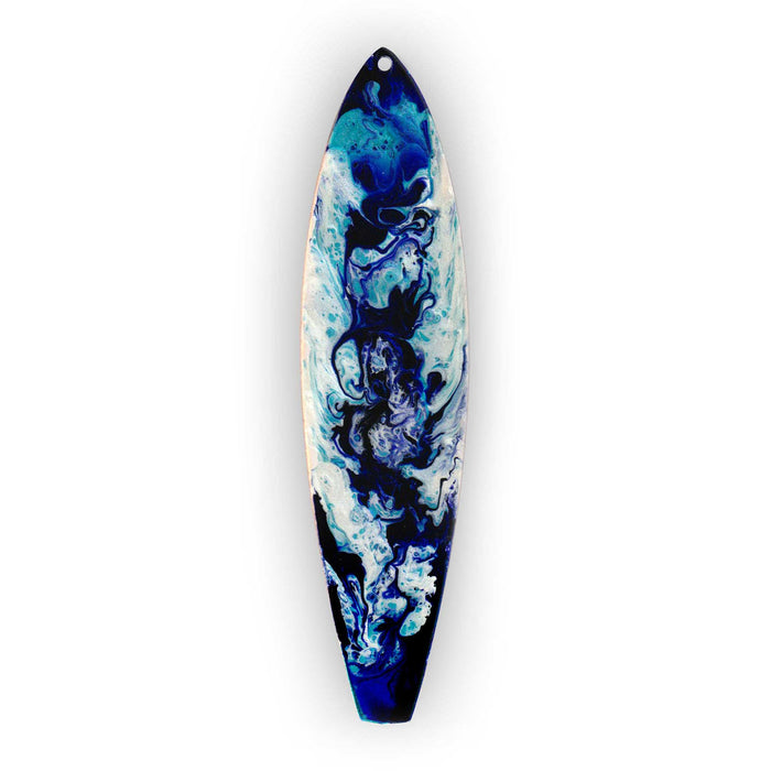 hand painted Let it Flow surfboard christmas ornament with flowing blue resin