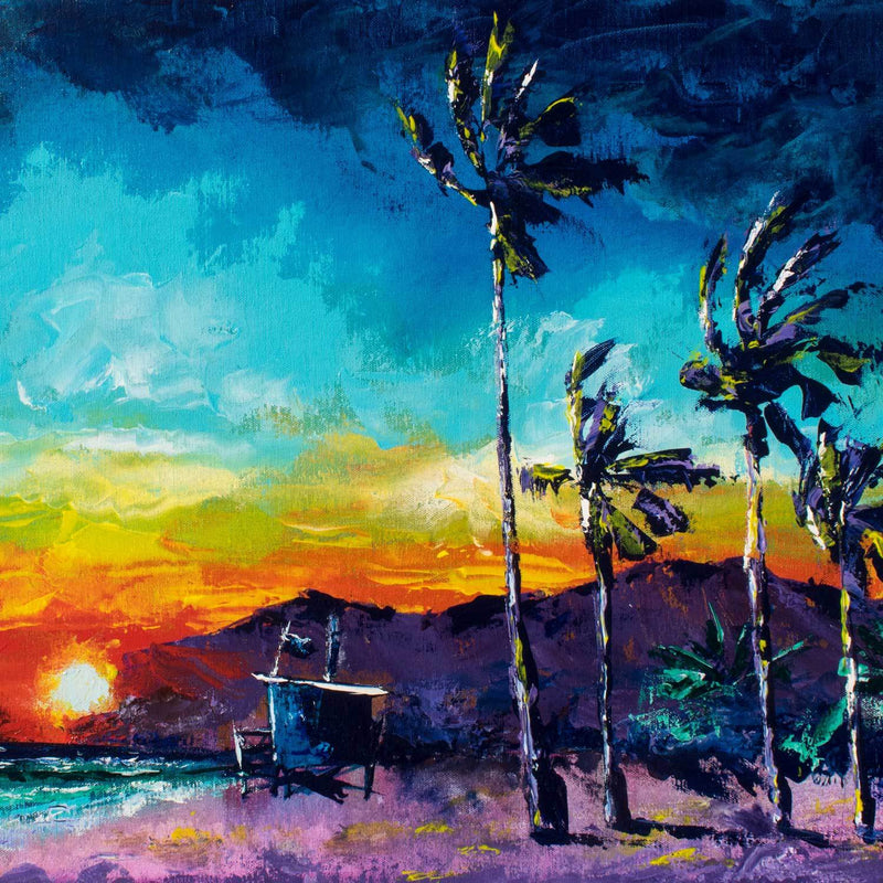 Tropical landscape painting of California beach and lifeguard stand against a rainbow sunset