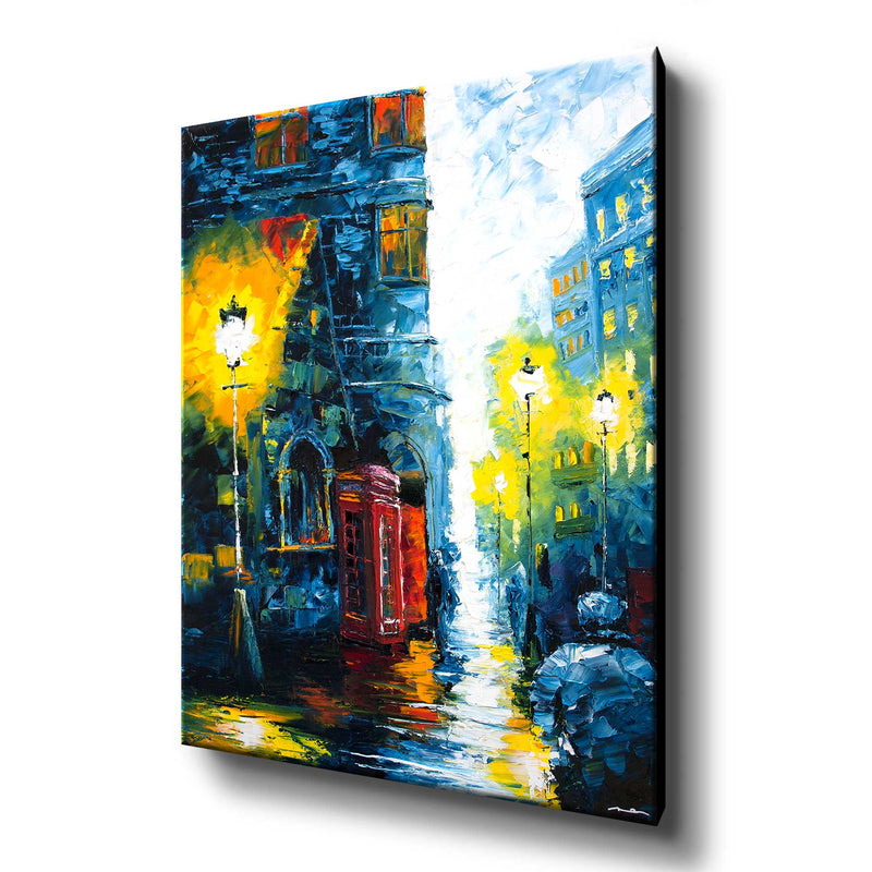 Large canvas print of rainy British street with red phone box and glowing lamp posts