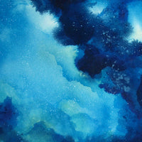 Meditation wall art of tranquil watercolor waves in blue and green with a chill surfer gliding beneath