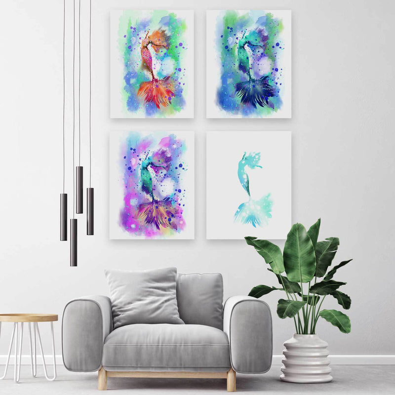 Oversized wall art grid of four prints with colorful posing mermaids against liquid ink backgrounds