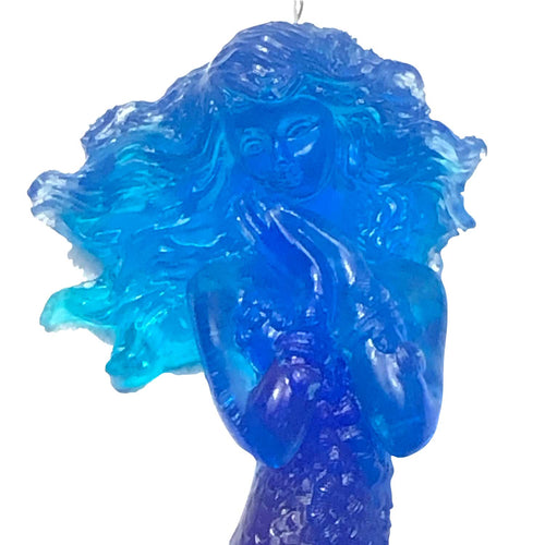 Blue and purple mermaid Christmas ornament made from translucent resin. Small mermaid decor for bedroom