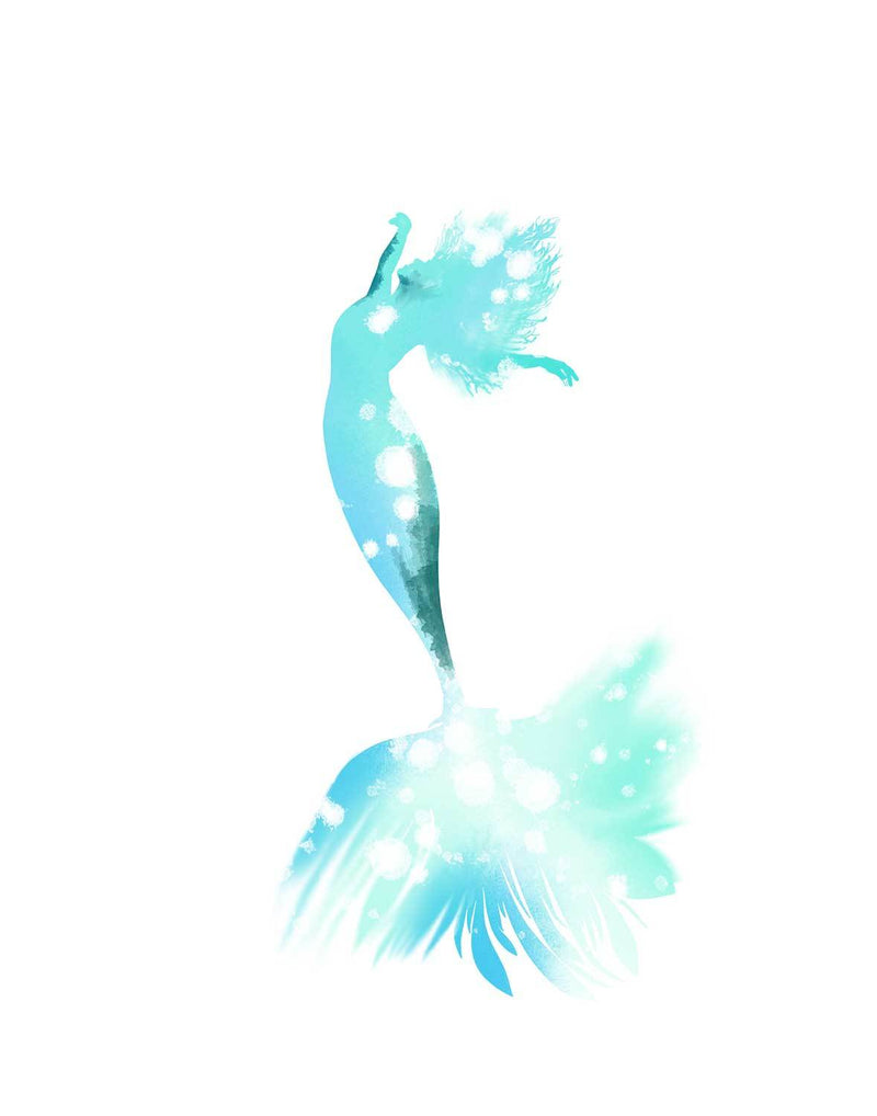 Zen minimalist art print of flowy blue and green mermaid silhouetted against a simple white background.