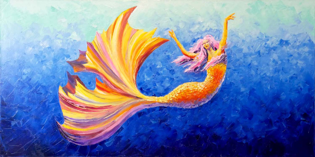 Large original oil painting of golden mermaid dancing against a blue and aqua ombre ocean