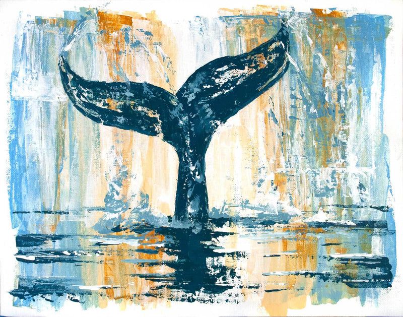 Zen wall art of minimalist blue whale tail against brown and white ombre abstract background