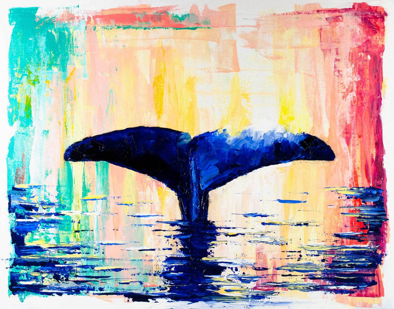 Zen wall art of minimalist whale tail against rainbow abstract background with blue waves