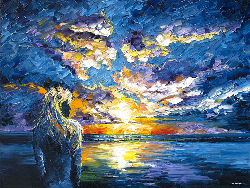 Print of an original oil painting of a pastel sunset on the beach with a surfer girl watching from shore