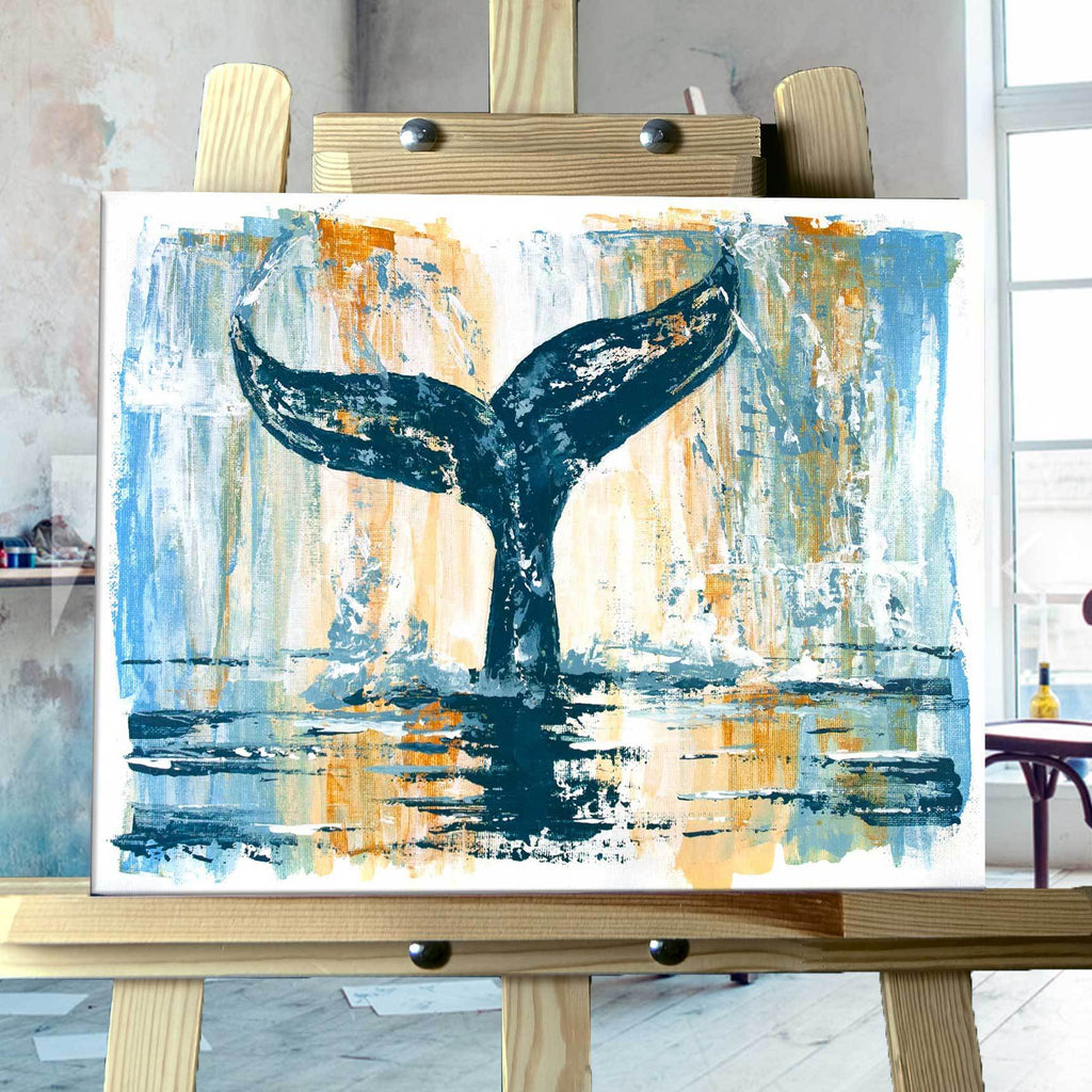 Original painting of navy whale or mermaid tail against abstract blue, brown and white background on easel