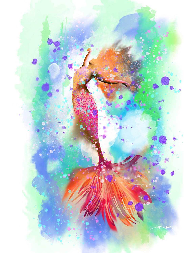 Colorful mermaid painting with pink and orange figure floating against a blue and green watercolor background