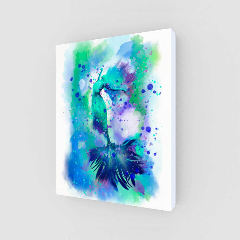 Blue and turquoise mermaid wall art print with navy accents against a white background