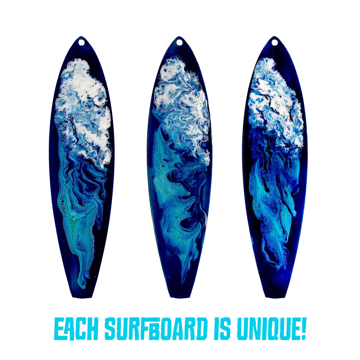 Three big blue wave mini surfboard holiday ornaments for your favorite surfer girl or beach bum. Tropical Christmas tree decor.