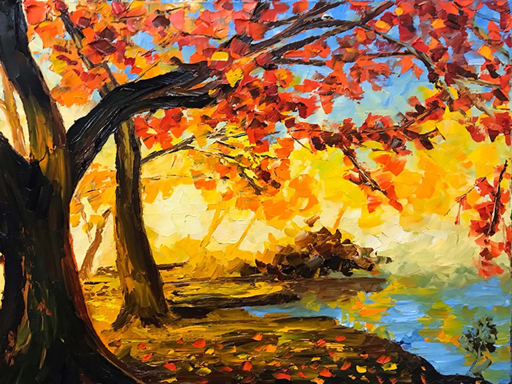 Colorful autumn forest painting on canvas with pink and gold fall foliage by a forest lake. Fall decor for home.