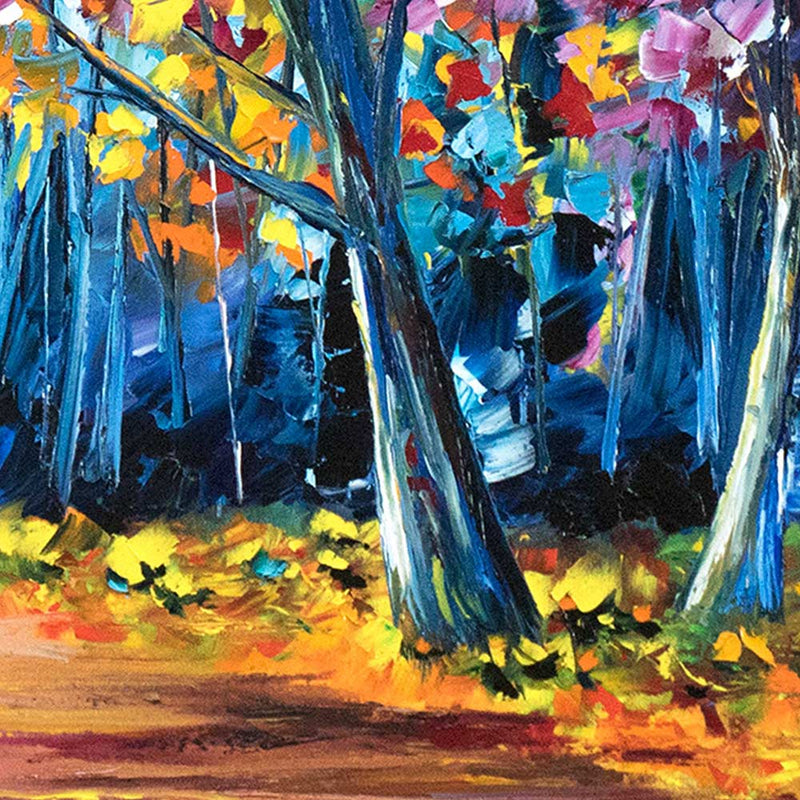 Close detail of original oil painting for sale. Blue tree trunks against vibrant fall foliage.