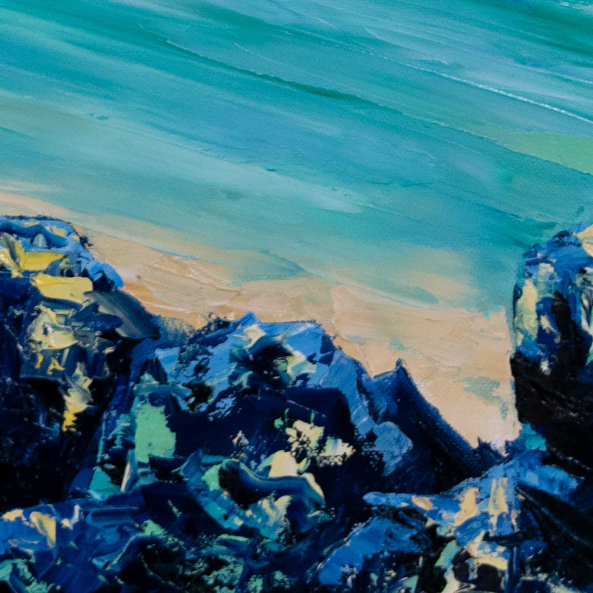 Detail photo of ocean wall art (Day Dreaming vol.2) of a turquoise cove on an empty white sand beach.