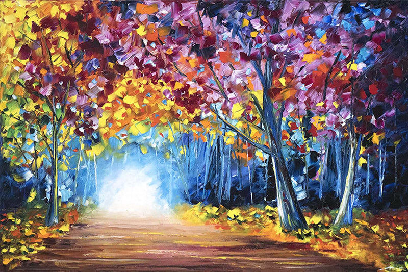 Hand-painted fall decor for home or office. Beautiful rainbow fall forest original oil painting for sale.