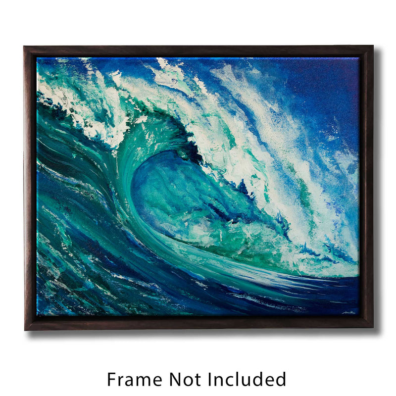 Nature wall art of curling ocean wave in blue and green acrylic paint