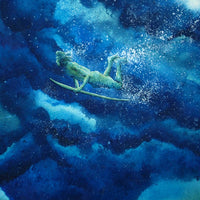 Nature wall art of a watercolor ocean wave breaking overhead with light bleeding through the sea foam