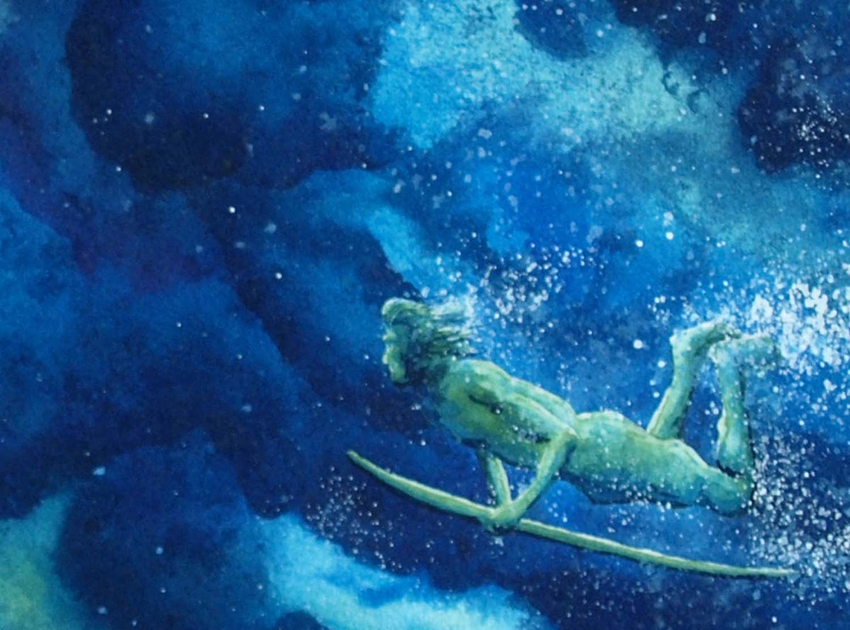 Nature wall art of a blue and green watercolor wave, rolling over a surfer who watches from below