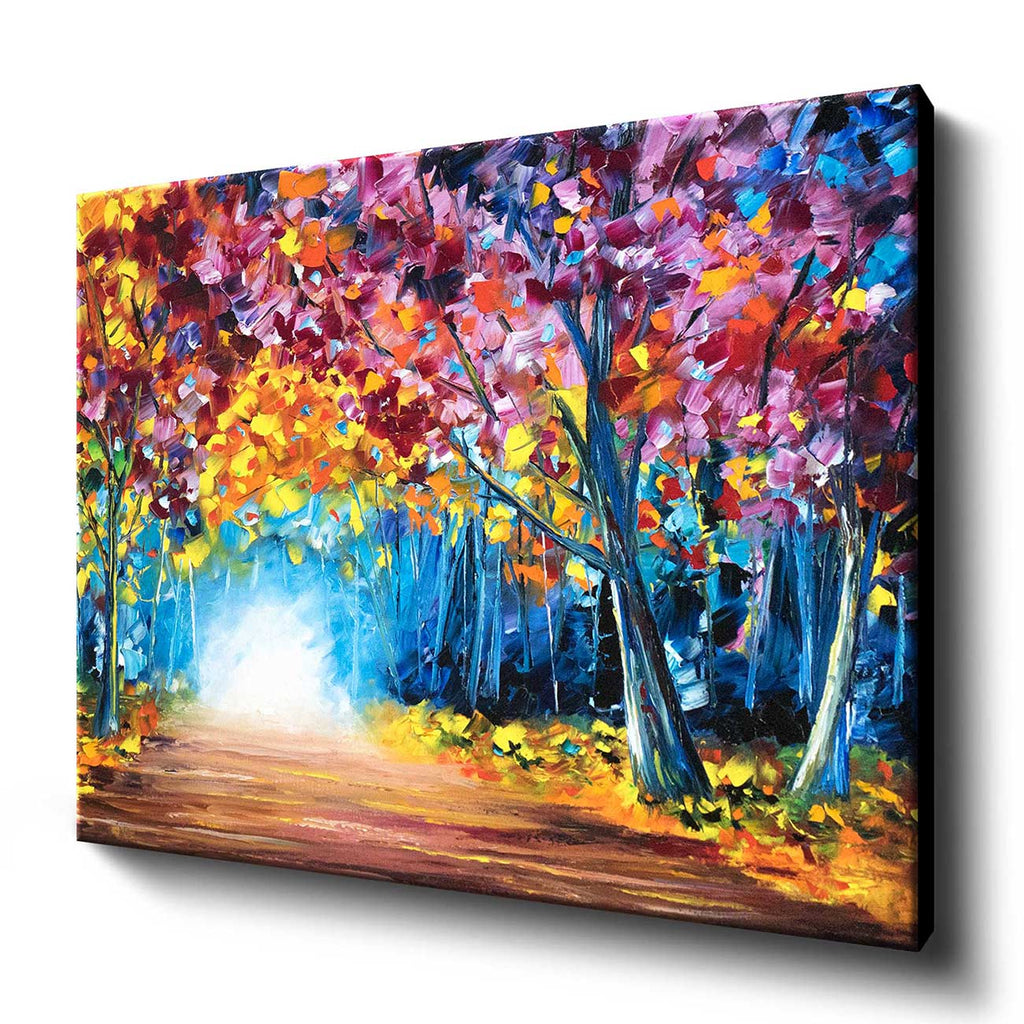 Large wall art canvas of an original oil painting of a glowing path through a vibrant fall forest with rainbow foliage.