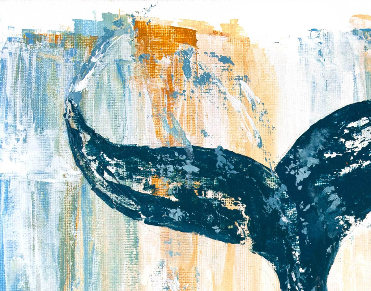 Navy mermaid tail original art with blue, tan, and white ombre background