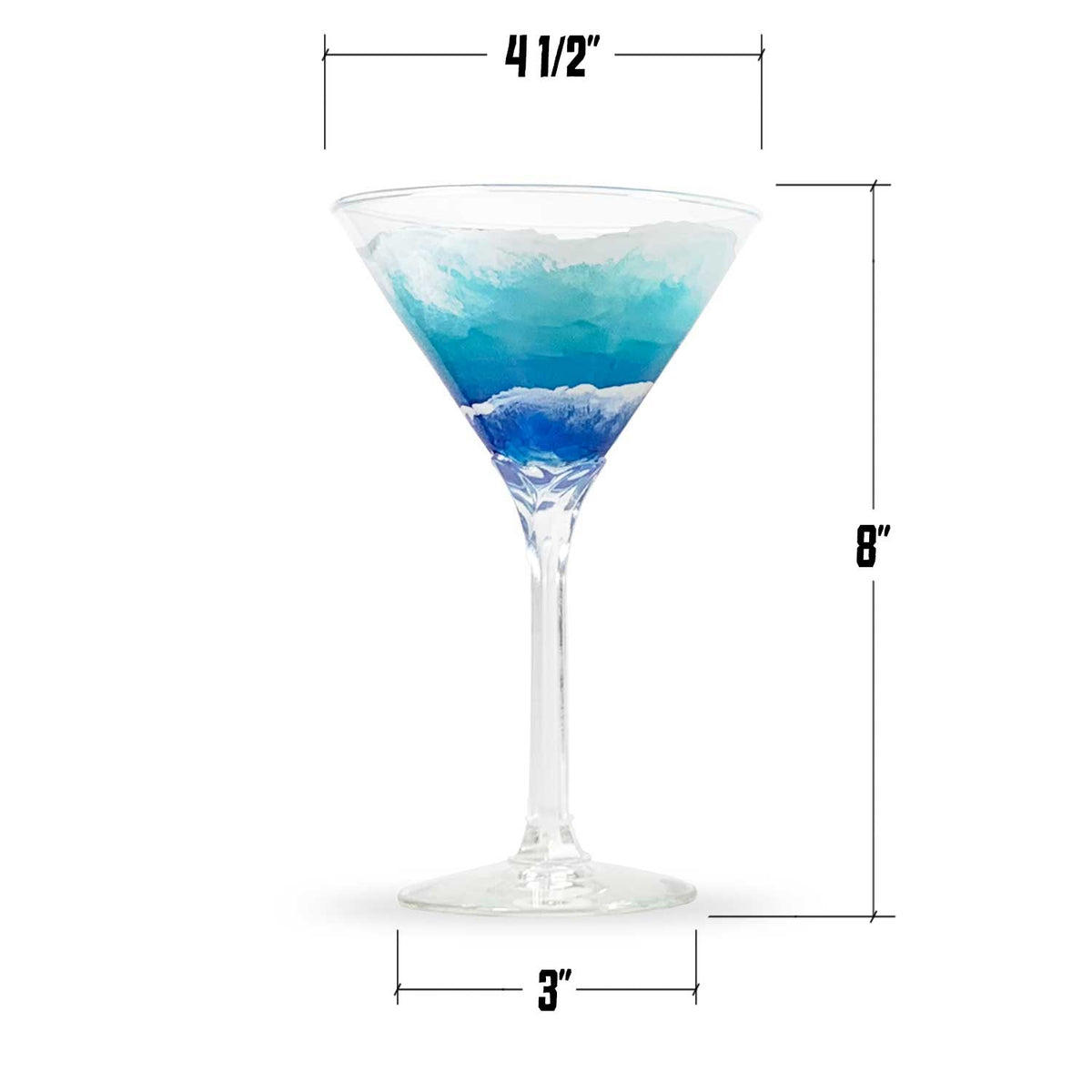 Coastal decor martini glass with custom blue and white waves painted around the bowl. Shown with dimensions in inches.