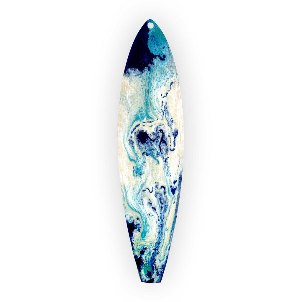 Dark blue and aqua painted swirls on a white surfboard Christmas ornament for coastal Christmas tree decorations.