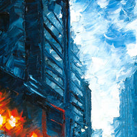 NYC wall décor of man walking in the rain with a red umbrella against a deep blue cityscape