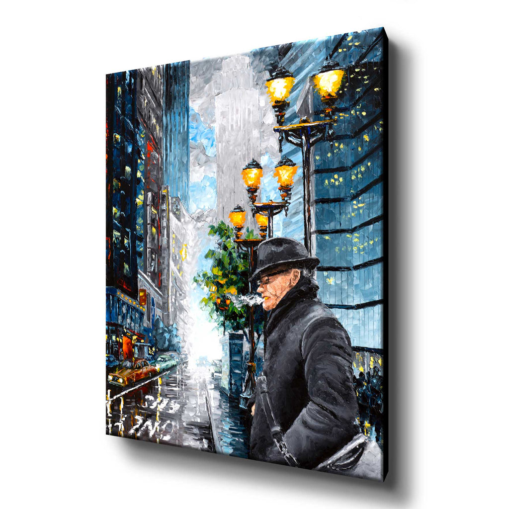 Stretched canvas art print of Manhattan street with smoking man against the NYC skyline