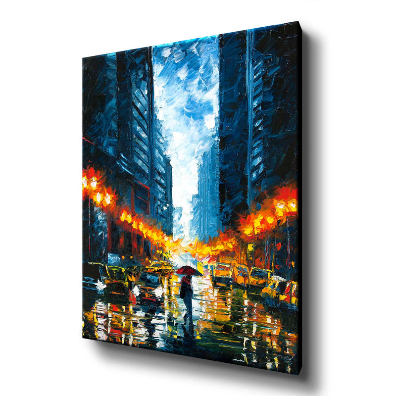 New York canvas print of figure walking with a red umbrella on a rainy night in Manhattan
