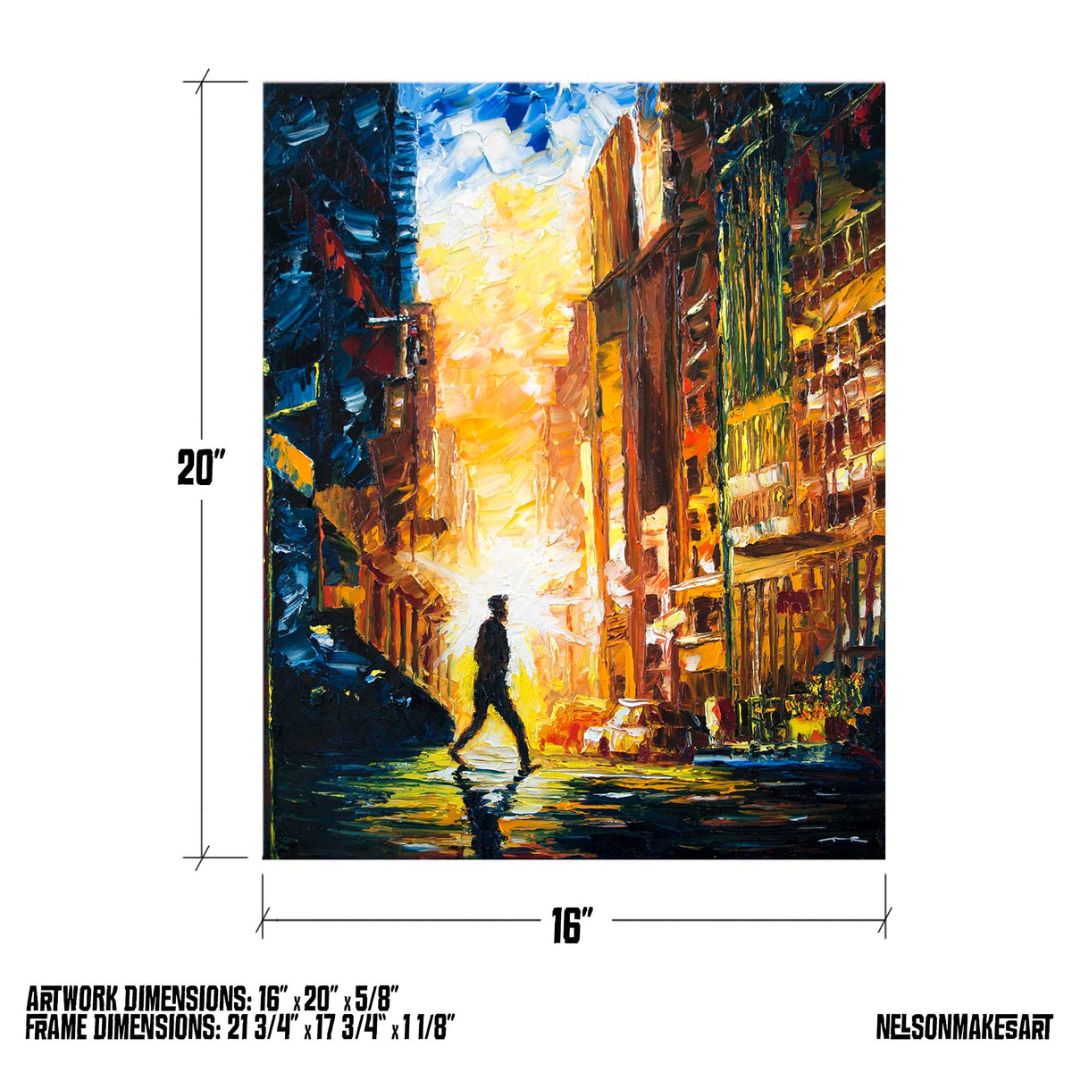 Summer art of Chicago street with man silhouetted against sunlit sky