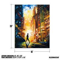 Summer art of Chicago street with man silhouetted against sunlit sky