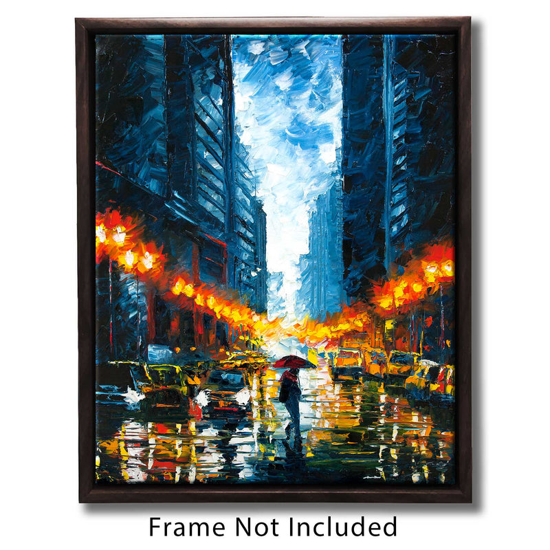 Framed urban art print of NYC cityscape with girl walking in the rain under a red umbrella