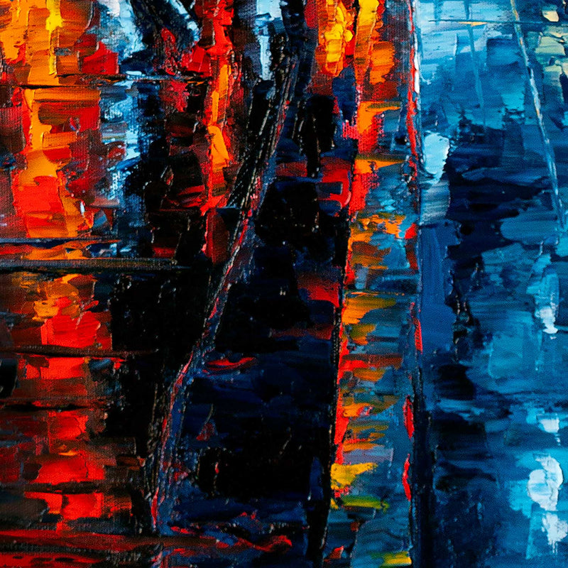One of a kind cityscape oil painting of urban lights and traffic reflected in a rainy street