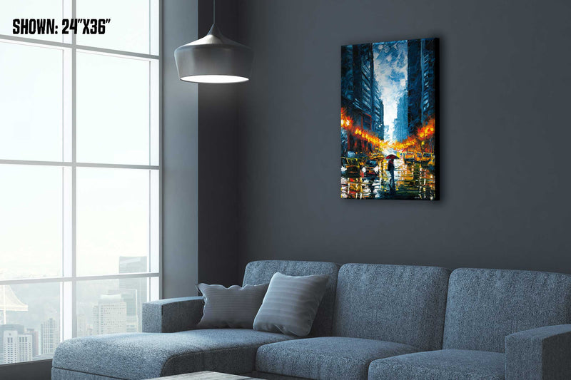 Times Square art of rainy city night with pedestrian in an urban loft overlooking a cityscape